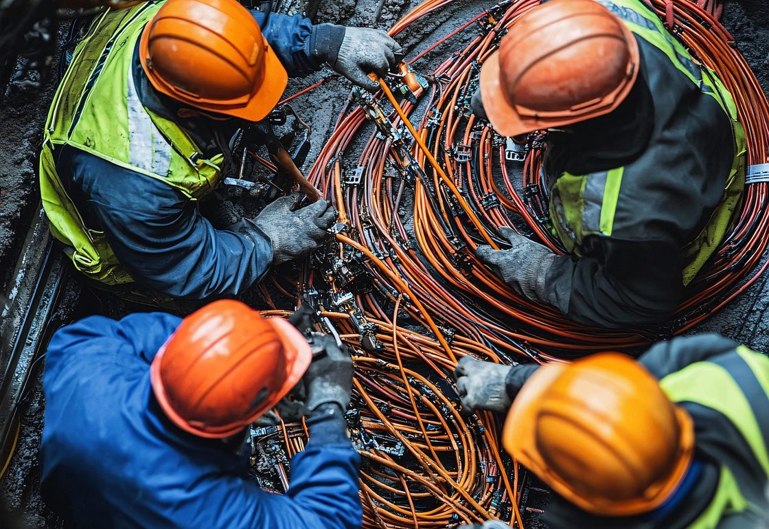 Civil works crew in hi-vis and hard hats jointing a coil of orange optical fibre in an open telecoms pit, seen from above
