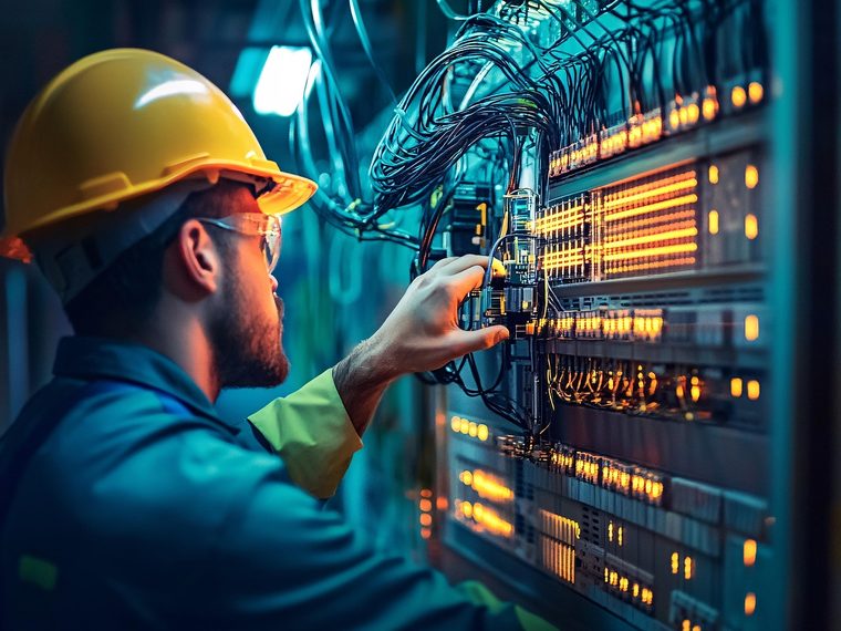 Technician in a hard hat working on a lit fibre distribution frame