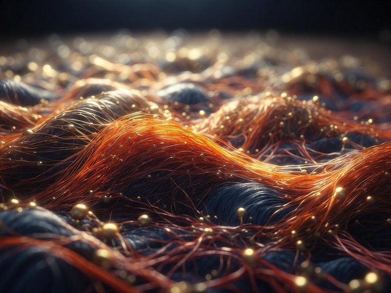 Woven orange fibre filaments lit from within, threaded with points of light